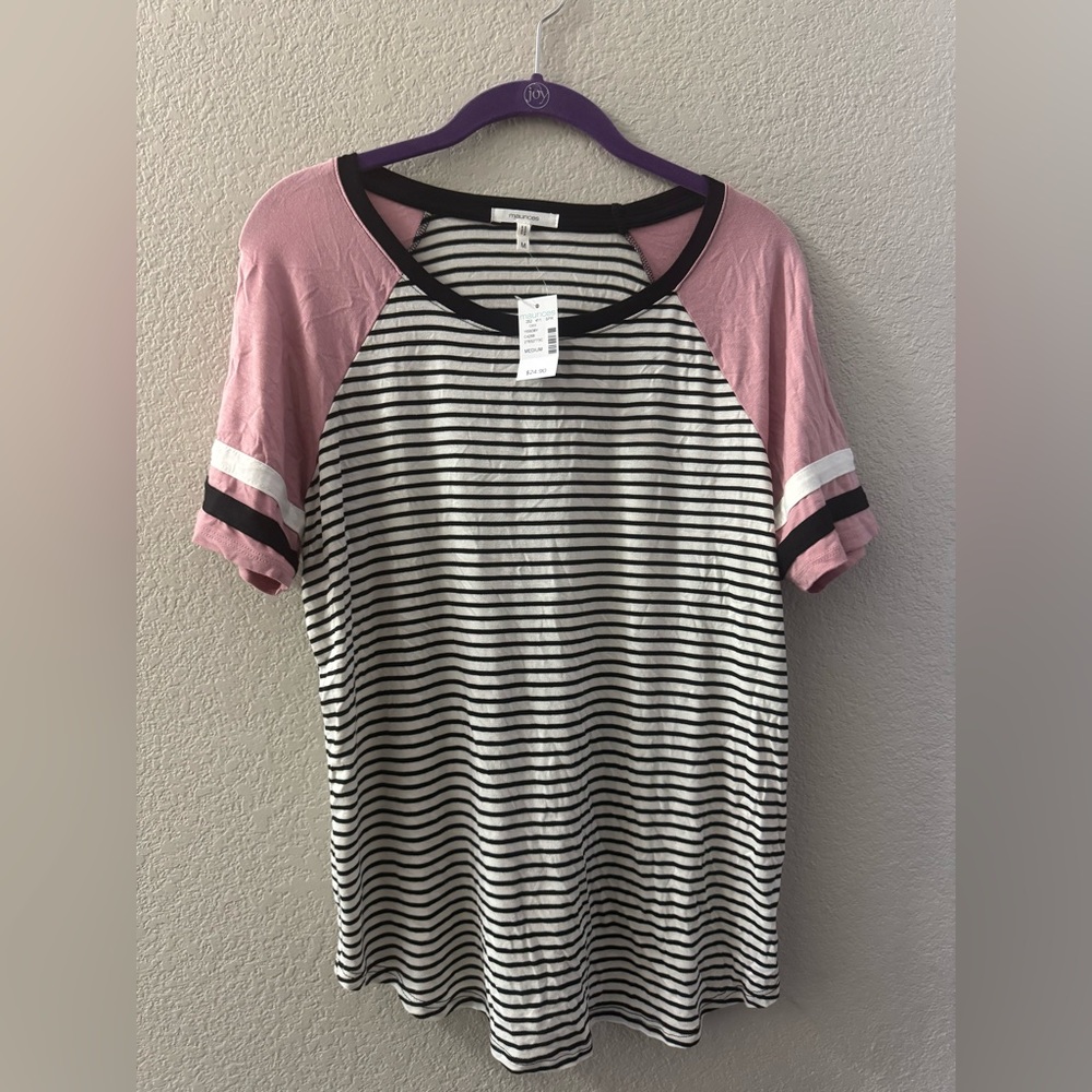 Maurices Black and White Striped Top with Pink Sleeves